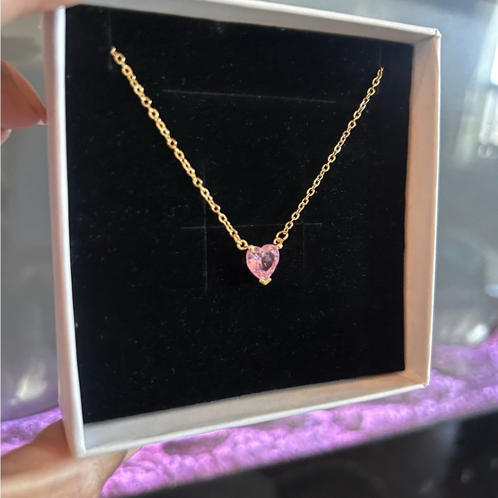 Pink Tourmaline Cubic Zirconia Spring Stainless Steel Pendant Necklace NEW
